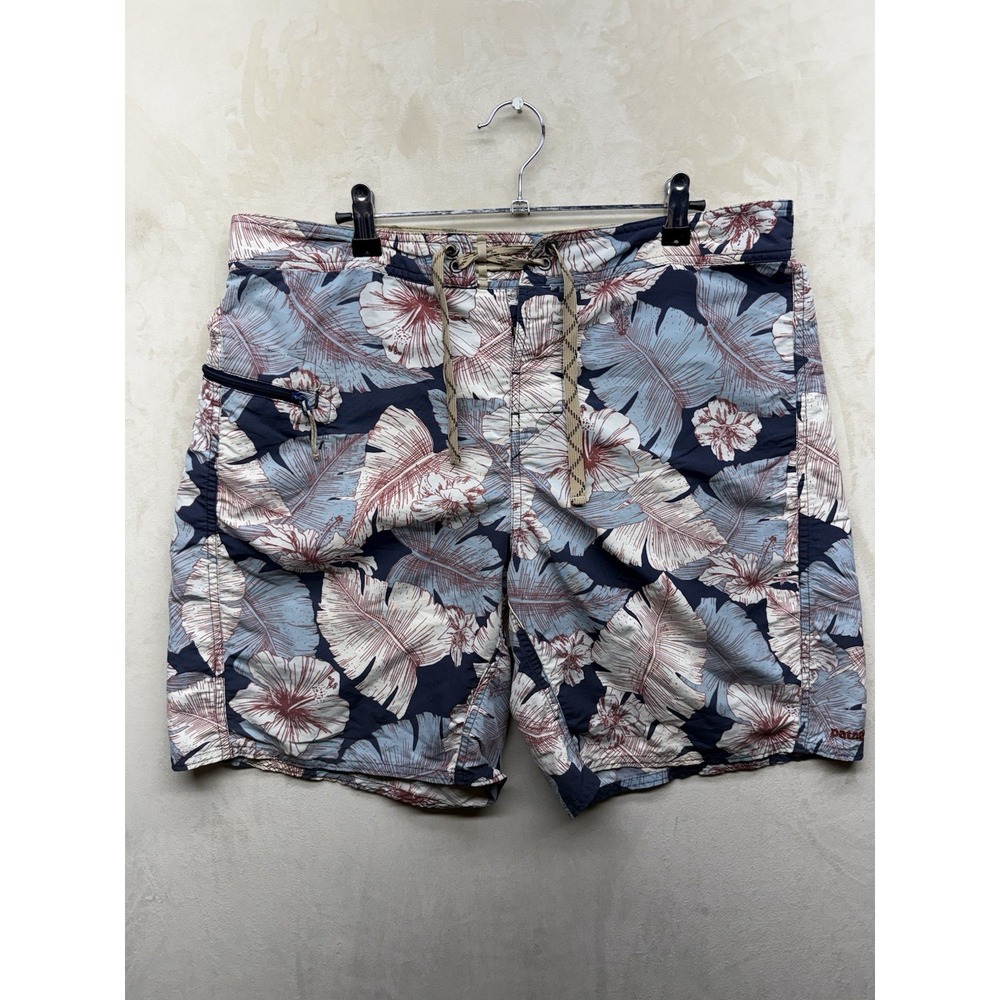 Patagonia Men's Board Swim Shorts Trunks Beach Blue Floral Zip Pocket Size 34